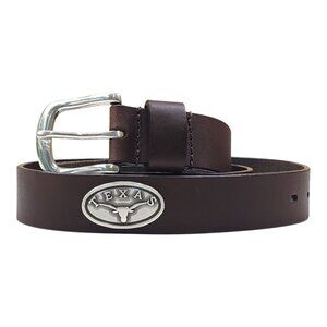 Texas Longhorn Brown Mens Leather Belt With Silver Buckle & Oval Texas Concho